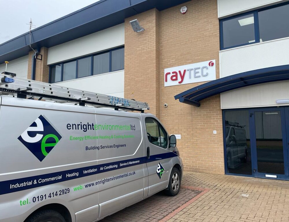 Enright environmental team van outside of Raytec building.