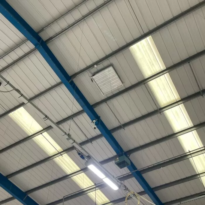 The ceiling of an industrial warehouse.