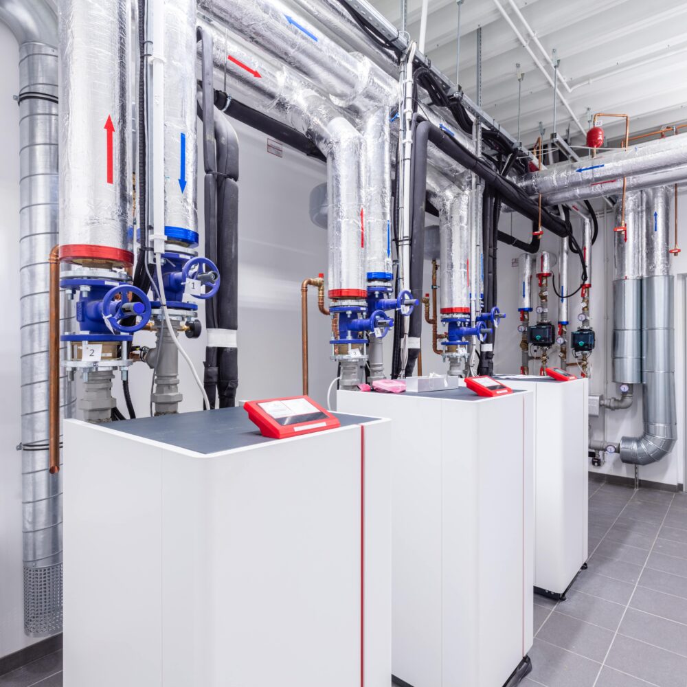 A heat pump room in a commercial building.