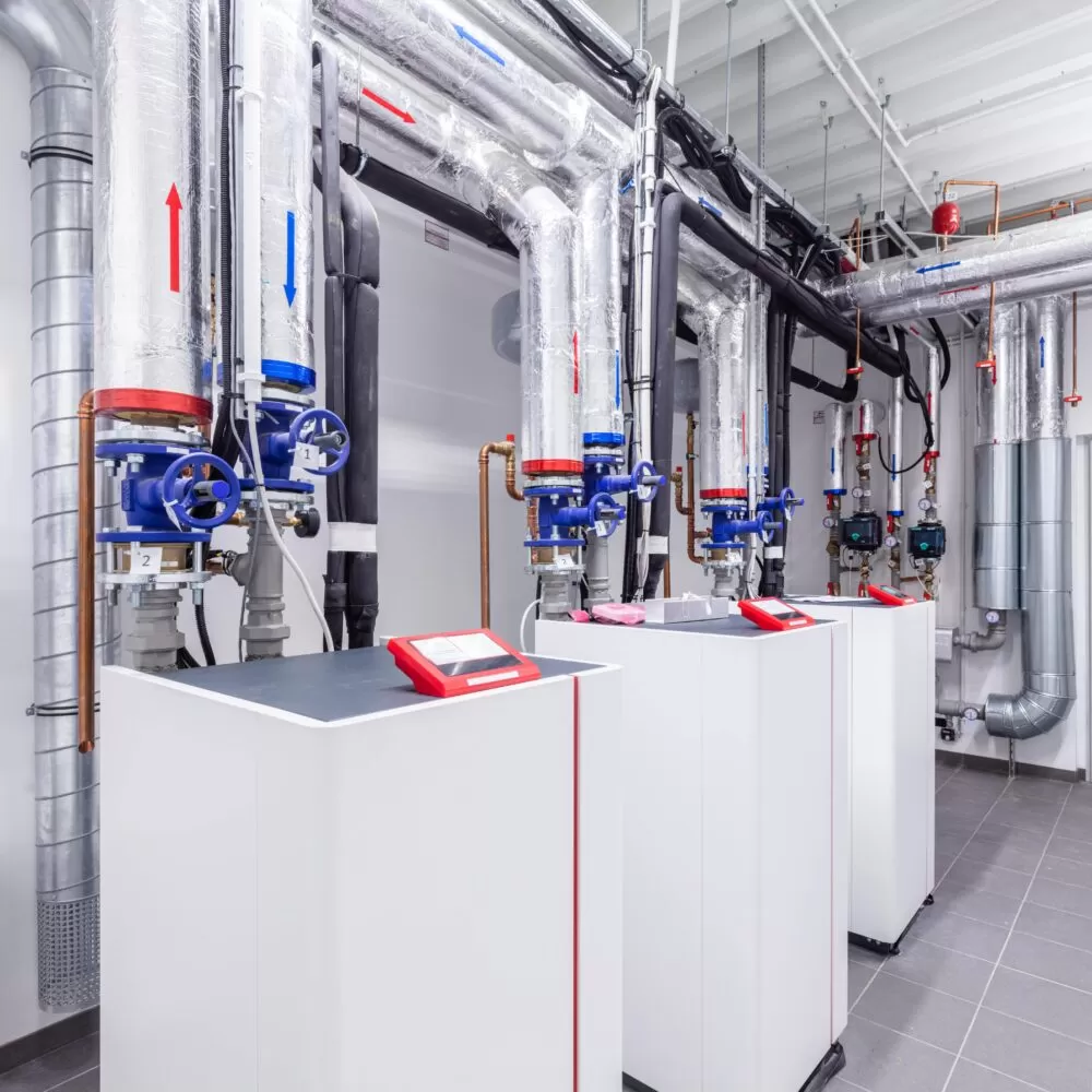 A heat pump room in a commercial building.
