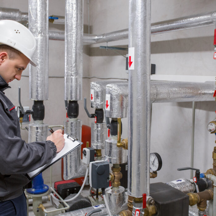 An engineer in grey overalls writes down the energy usage of a boiler system.