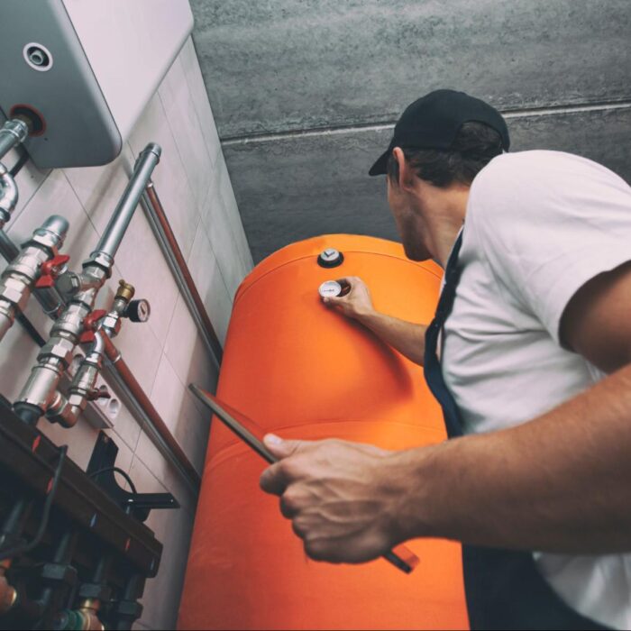 An engineer in a black cap and overalls checks the energy usage of a boiler system.