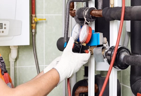 A man in a safety vest inspects a water heater, ensuring compliance with HVAC gas safety regulations.