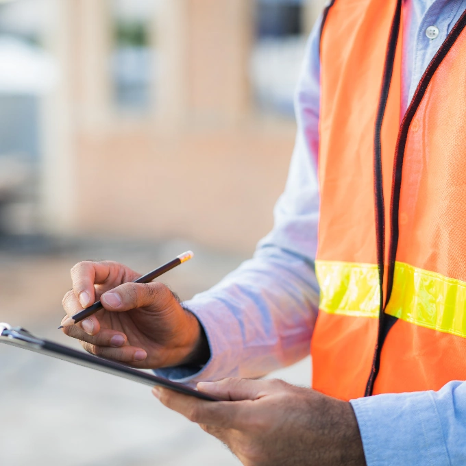 A man in an orange vest diligently records notes on a clipboard, ensuring HVAC compliance in a professional setting.